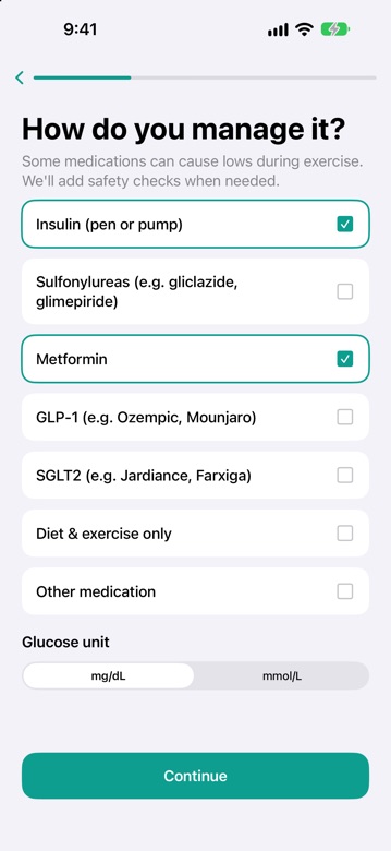 DiaFitus onboarding asking how you manage diabetes: insulin, metformin, GLP-1 and more