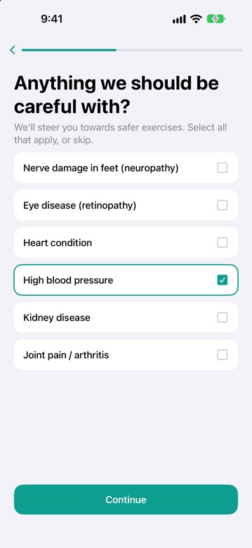 DiaFitus onboarding asking about conditions to be careful with, such as neuropathy and blood pressure