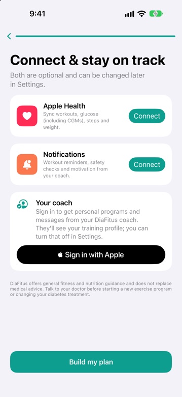 DiaFitus onboarding step to connect Apple Health and notifications