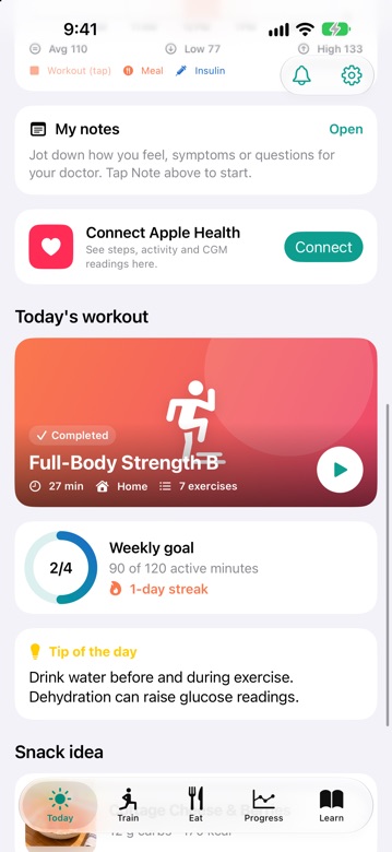 DiaFitus Today screen with todays workout and weekly goal