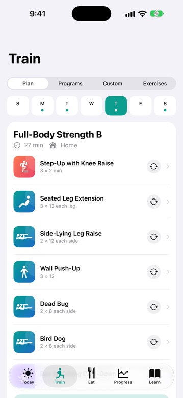DiaFitus Train tab showing the personal weekly plan with a full-body strength workout