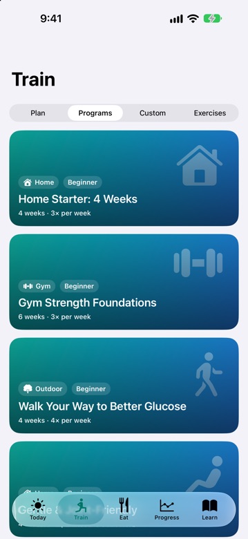 DiaFitus training programs: Home Starter, Gym Strength Foundations and Walk Your Way to Better Glucose