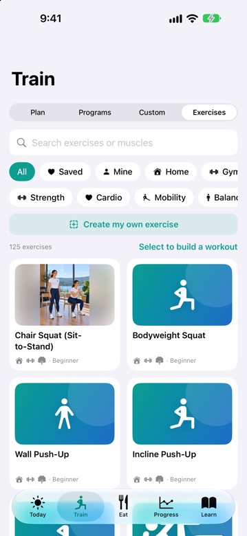 DiaFitus exercise library with 125 exercises, search and filters