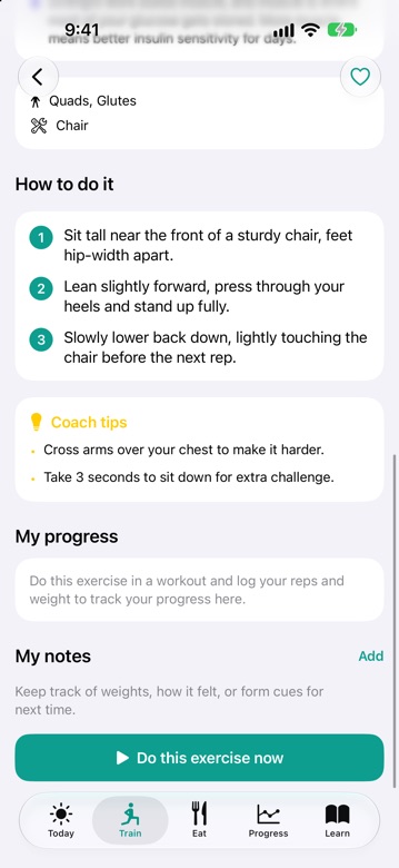 DiaFitus exercise detail with how-to steps and coach tips