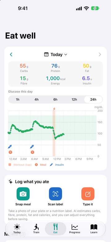DiaFitus Eat tab with daily nutrition, a glucose chart with meal and insulin markers, and meal logging