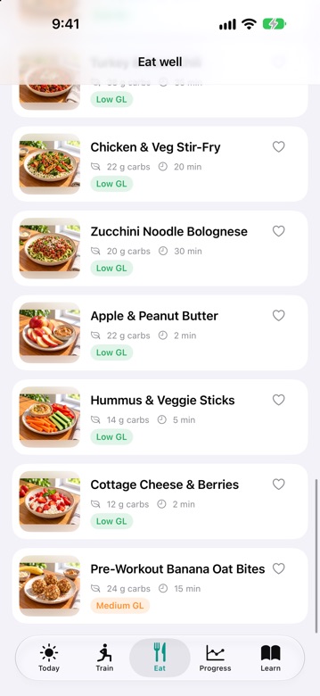 DiaFitus recipe list with carbs, prep time and low glycemic load labels