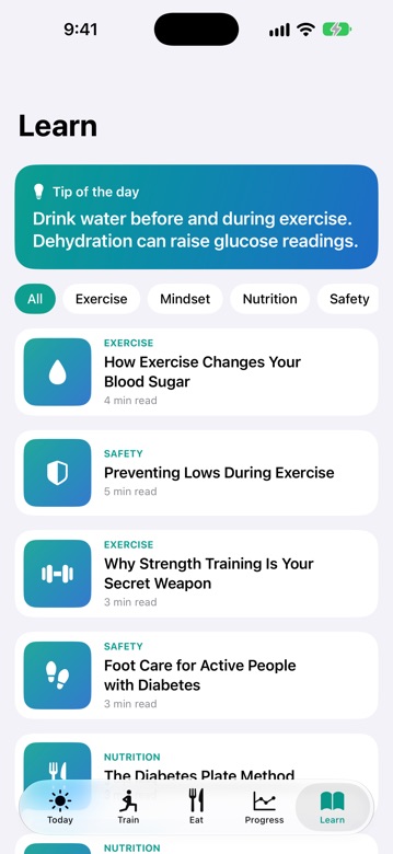 DiaFitus Learn tab with tip of the day and articles on exercise and safety