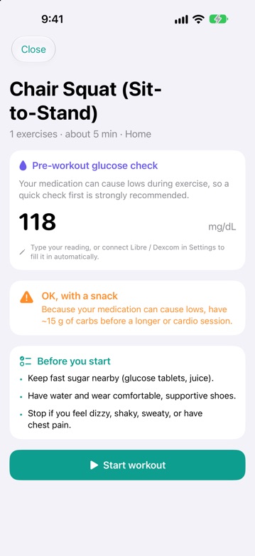 DiaFitus pre-workout glucose check suggesting a snack before training