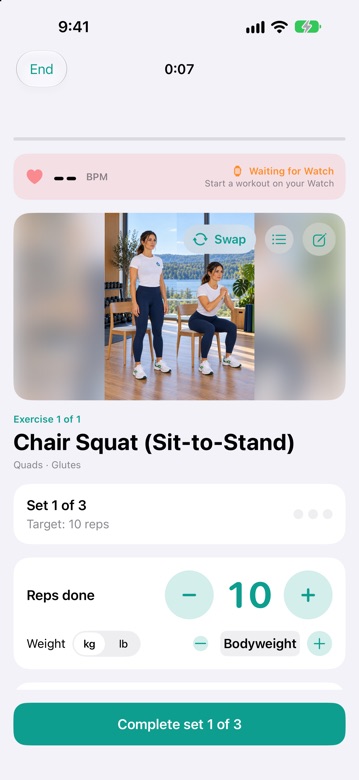 DiaFitus workout player with set counter, reps, weight and Complete set button