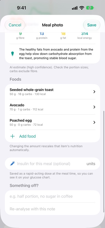 DiaFitus AI scan breakdown by food with editable portions and an insulin field