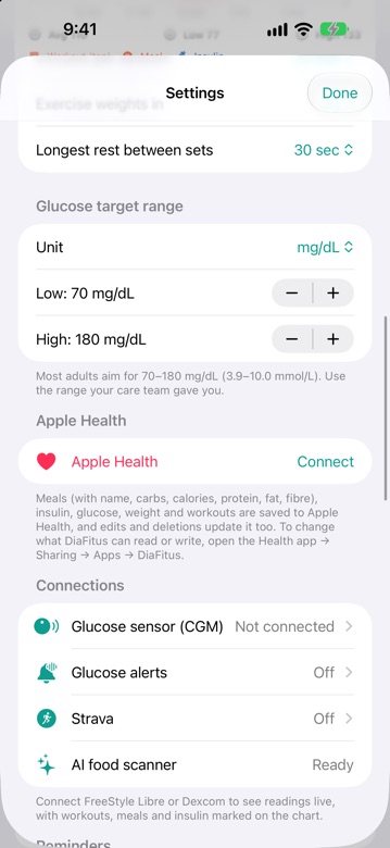 DiaFitus settings with glucose target range, Apple Health and connections