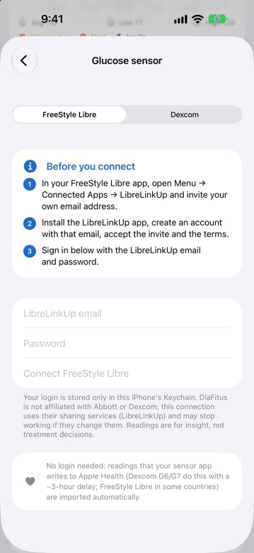 DiaFitus glucose sensor setup for FreeStyle Libre and Dexcom