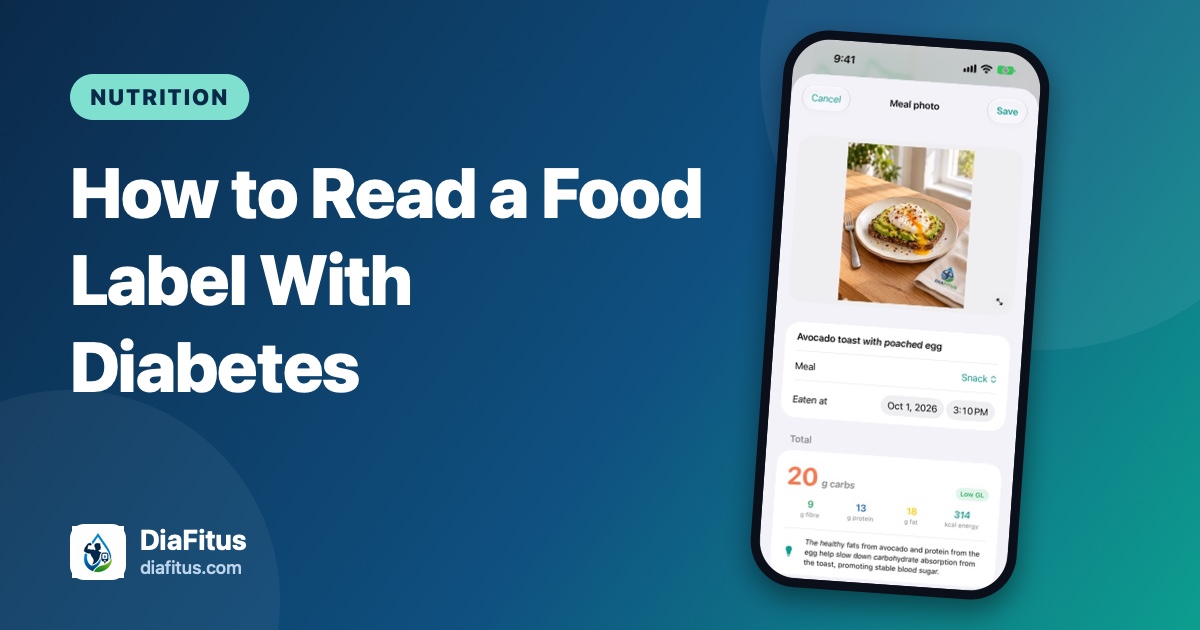 DiaFitus branded cover with the title How to Read a Food Label With Diabetes beside a phone showing a meal photo with carb, fiber, protein and fat values