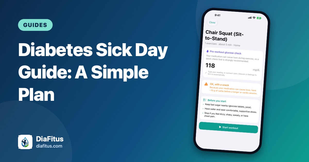 DiaFitus branded cover with the title Diabetes Sick Day Guide and a phone showing the app's glucose check screen
