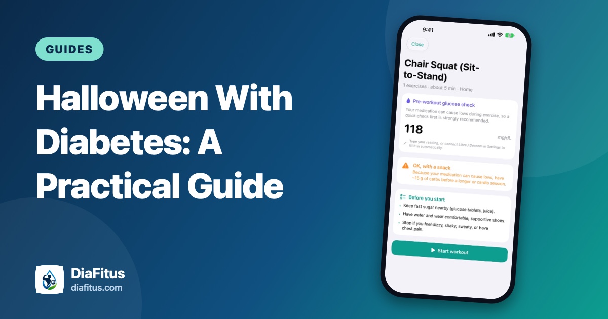 DiaFitus branded cover reading Halloween With Diabetes: A Practical Guide, beside a phone showing a pre-workout glucose check screen