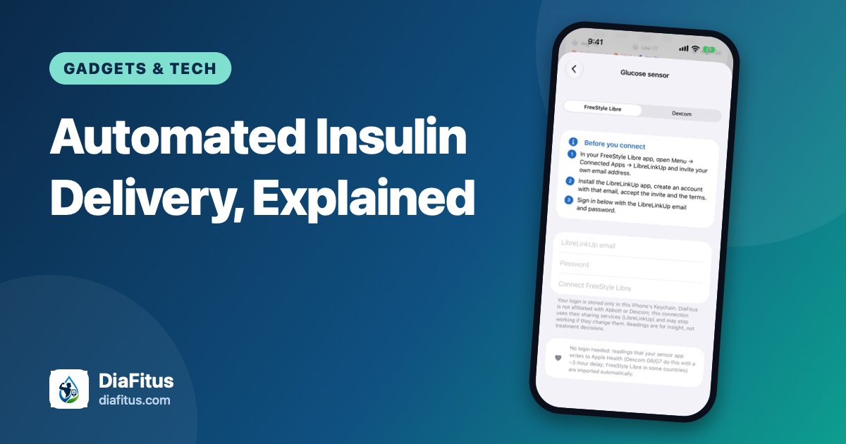 DiaFitus branded cover with the title Automated Insulin Delivery, Explained beside a phone showing the glucose sensor connection screen