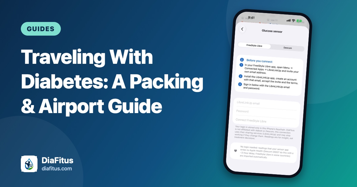 DiaFitus branded cover with a phone showing the glucose sensor connection screen, titled Traveling With Diabetes: A Packing and Airport Guide