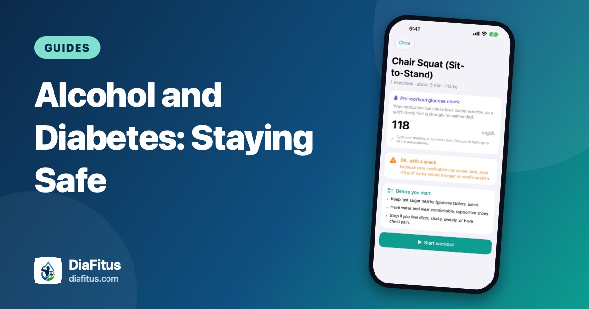 DiaFitus app screen showing a pre-workout glucose check next to the title Alcohol and Diabetes: Staying Safe